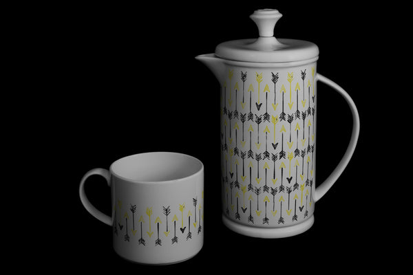 Bow-handle Porcelain French Press & Mug Set featuring "Hand-drawn Arrows" Artwork  French press & Mugs- The French Press Coffee Company