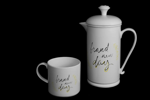 Scroll-handle Porcelain French Press & Mug Set featuring "Brand New Day" Artwork  French press & Mugs- The French Press Coffee Company