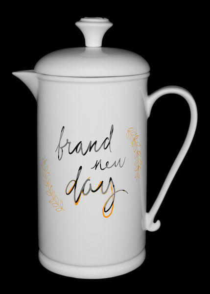 Scroll-handle Porcelain French Press & Mug Set featuring "Brand New Day" Artwork  French press & Mugs- The French Press Coffee Company