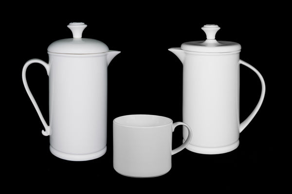 White Porcelain Scroll-handle French Press & Mug Set  French press- The French Press Coffee Company