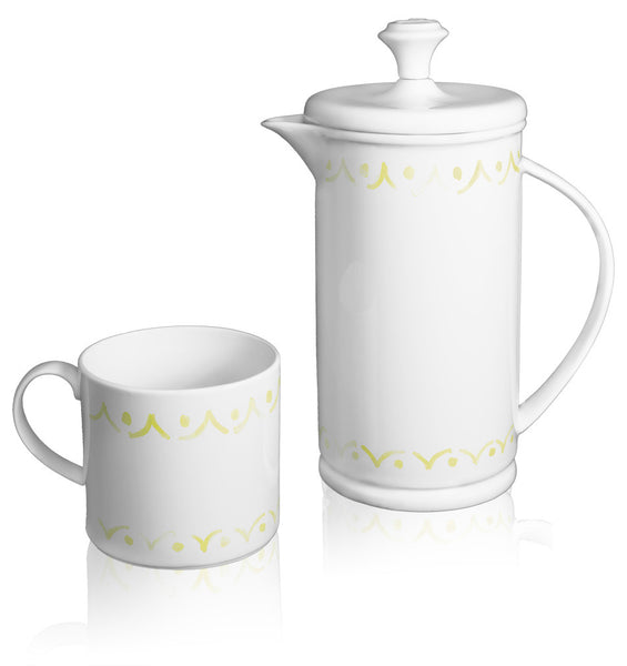 Bow-handle Porcelain French Press & Mug Set featuring "Borders" Artwork  French press & Mugs- The French Press Coffee Company