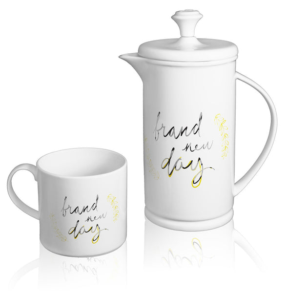 Bow-handle Porcelain French Press & Mug Set featuring "Brand New Day" Artwork  French press & Mugs- The French Press Coffee Company