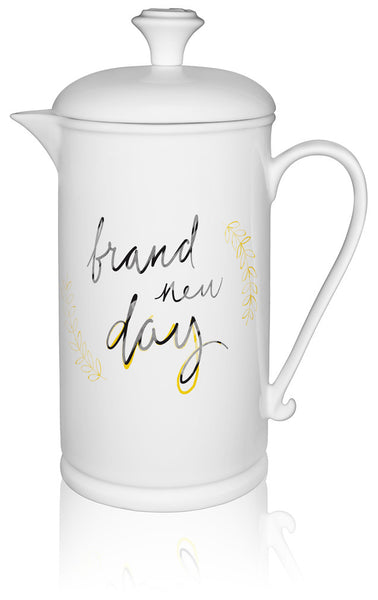 Scroll-handle Porcelain French Press & Mug Set featuring "Brand New Day" Artwork  French press & Mugs- The French Press Coffee Company