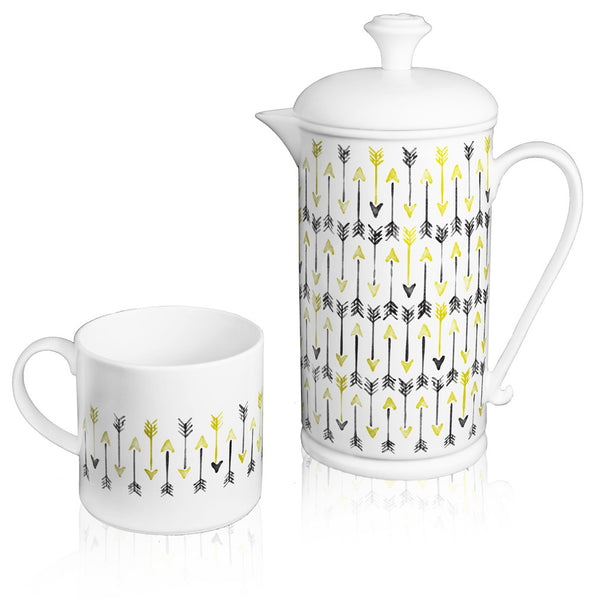 Scroll-handle Porcelain French Press & Mug Set featuring "Hand-drawn Arrows" Artwork  French press & Mugs- The French Press Coffee Company