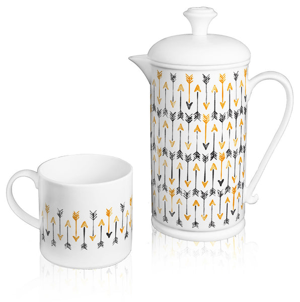 Scroll-handle Porcelain French Press & Mug Set featuring "Hand-drawn Arrows" Artwork  French press & Mugs- The French Press Coffee Company
