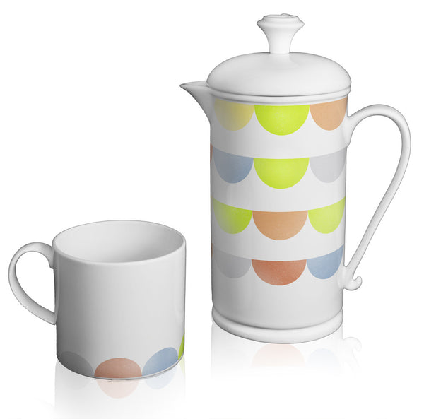 Scroll-handle Porcelain French Press & Mug Set featuring "HalfDot" Artwork  French press & Mugs- The French Press Coffee Company
