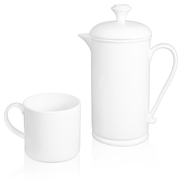 White Porcelain Scroll-handle French Press & Mug Set  French press- The French Press Coffee Company