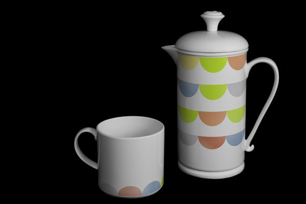 Scroll-handle Porcelain French Press & Mug Set featuring "HalfDot" Artwork  French press & Mugs- The French Press Coffee Company