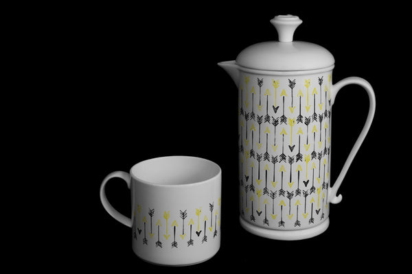 Scroll-handle Porcelain French Press & Mug Set featuring "Hand-drawn Arrows" Artwork  French press & Mugs- The French Press Coffee Company