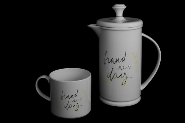 Bow-handle Porcelain French Press & Mug Set featuring "Brand New Day" Artwork  French press & Mugs- The French Press Coffee Company