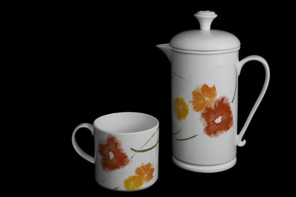 Scroll-handle Porcelain French Press & Mug Set featuring "Floriglee" Artwork  French press & Mugs- The French Press Coffee Company