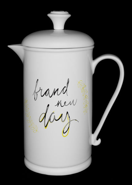 Porcelain French Press with Scroll-handle featuring "Brand New Day" Artwork  French press- The French Press Coffee Company