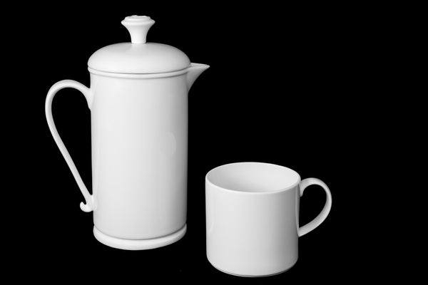 White Porcelain Scroll-handle French Press & Mug Set  French press- The French Press Coffee Company